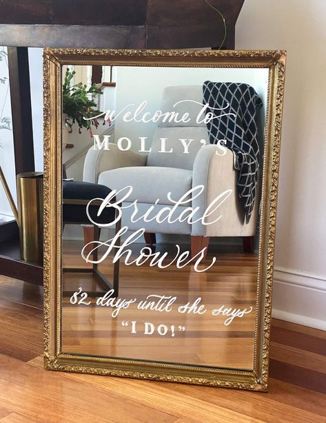 Wedding Signs Ultimate Guide — Sizing, Types, Wording Ideas, and More — StoneFawx Studios Mirror Welcome Sign, Bridal Shower Signage, Mirror Wedding Signs, Wedding Entrance Sign, Wedding Shower Signs, Wedding Sign Decor, Mirror Wedding, Bridal Shower Inspo, Bridal Shower Decorations Diy