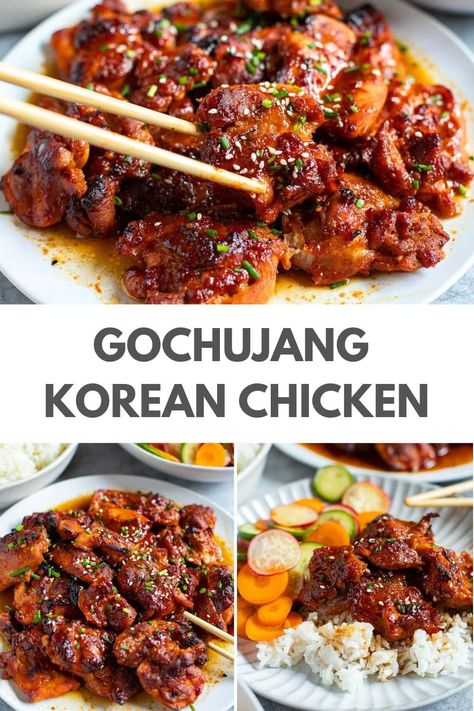 Baked Asian Chicken Thighs, Korean Chicken Thigh Recipe, Chicken Japchae, Recipes With Gochujang, Gochujang Chicken Thighs, Gochujang Glaze, Gochujang Recipe Chicken, Korean Chicken Recipe, Gochujang Recipes