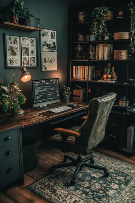 A warm and rustic Dark Modern Office setup with dark wood furniture, lush plants, and cozy lighting, perfect for those looking for Moody Office Ideas to create a Dark Moody Small Home Office or a stylish Home Office Dark space. Moody Office Ideas, Office In A Small Space, Dark Home Office, Cottagecore Interior, Home Office Dark, Moody Office, Dark Cottagecore Decor, Guest Bedroom Home Office, Office Dark