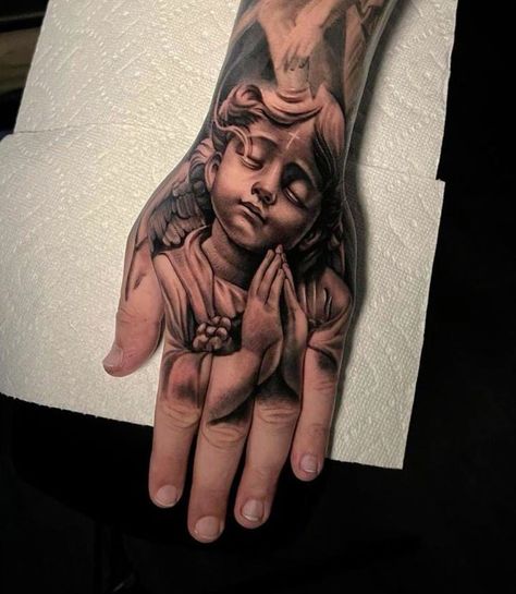 Heaven Sleeve Tattoo, Flowers Hand Tattoo, Angel Hand Tattoo, Jesus Hand Tattoo, Angel Sleeve Tattoo, Nautical Tattoo Sleeve, Jesus Tattoo Design, Praying Hands Tattoo, Biblical Tattoos