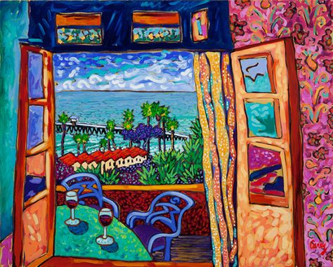 Beach Cottage View by Cathy Carey Mindfulness Drawing, Cupboard Painting, Fauvism Art, An Open Window, Matisse Paintings, Window Drawing, Soyut Sanat Tabloları, Fauvism, Matisse Art