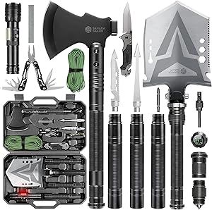 Sahara Sailor Folding Camping Shovel Axe Kit Military Grade, Multifunctional Survival Tactical Shovel with Paracord, Dual Color Flashlight, Whetstone, Emergency Gear for Camping Tactical Shovel, Military Grade, Shovel, Paracord, Flashlight, Camping, Color