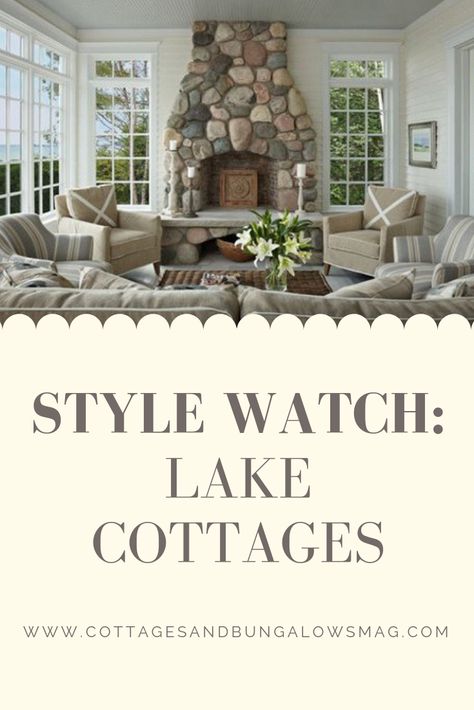 Michigan Interior Design, Cottage Style Lake House Exterior, Cozy Lakehouse Decor, Lake Loft Ideas, Summer Lake Cottage, English Lake House, Cottage Home Interior Ideas, Michigan Lake House Decor, Lake Cottage Living Room Ideas