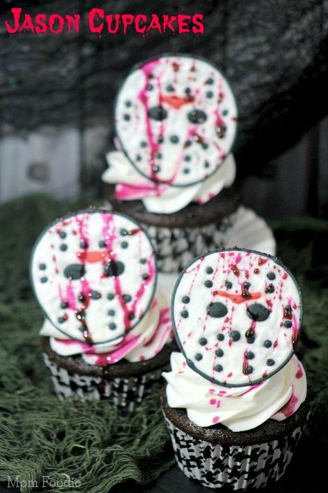 Friday the 13th Jason Mask Cupcakes : Halloween Party Food Friday The 13th Movie, Cupcakes Halloween, Halloween Deserts, Halloween Party Food, Perfect Halloween Party, Friday The 13th Jason, Jason Vorhees, Jason Mask, Friday 13th