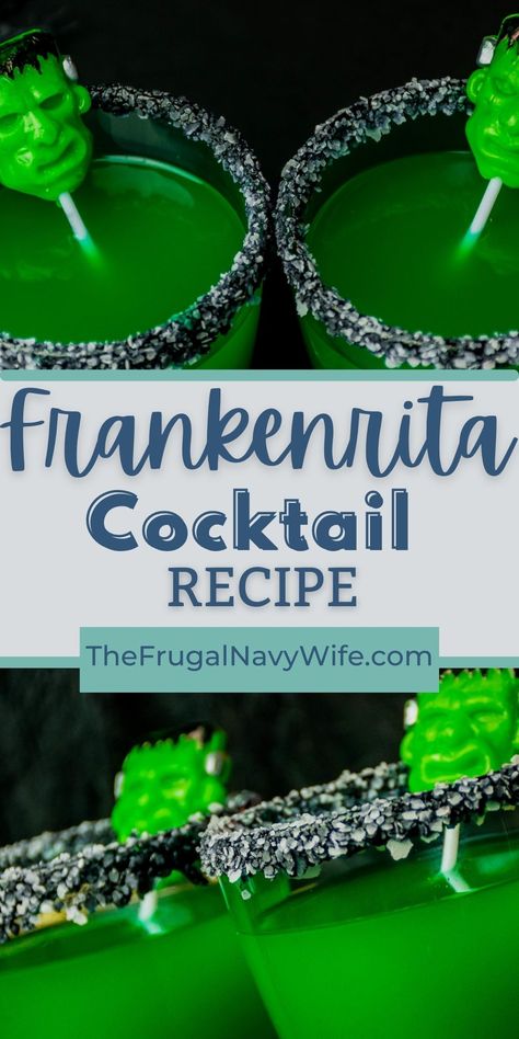 This fun and easy-to-make Frankenrita Cocktail is perfect for Halloween parties or just enjoying a spooky night in. #frankenstein #halloween #cocktail #frugalnavywife #holiday #drink | Frankenrita Cocktail | Halloween | Easy Cocktail Recipe | Alcohol | Frankenstein Party Food, Monster Cocktails, Halloween Drinks Easy Alcohol, Frankenstein Margarita, Frankenstein Drink, Black Shots Alcohol, Halloween Drink Ideas Alcohol, Orange Halloween Drinks Alcohol, Frankenstein Themed Food