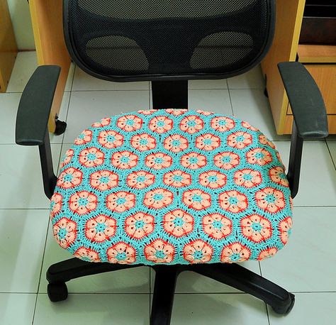 Ravelry: patken2's African Flowers Cushion Cover Crochet Office Chair Cover, Crochet Chair Cover, Crochet Office, Crochet Chair, Crochet African Flowers, Office Chair Cover, Ravelry Crochet, Seat Covers For Chairs, African Flowers