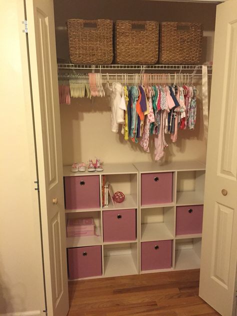 Nursery closet organizer Toddler Closet Ideas, Cube Organizer Nursery Closet, Nursery Closet Organization Sliding Door, Over The Door Organizer Nursery, Nursery Closet Organization Wire Shelves, Mini Crib Closet Nursery, Baby Cupboard, Baby And Toddler Shared Room, Closet Door Storage