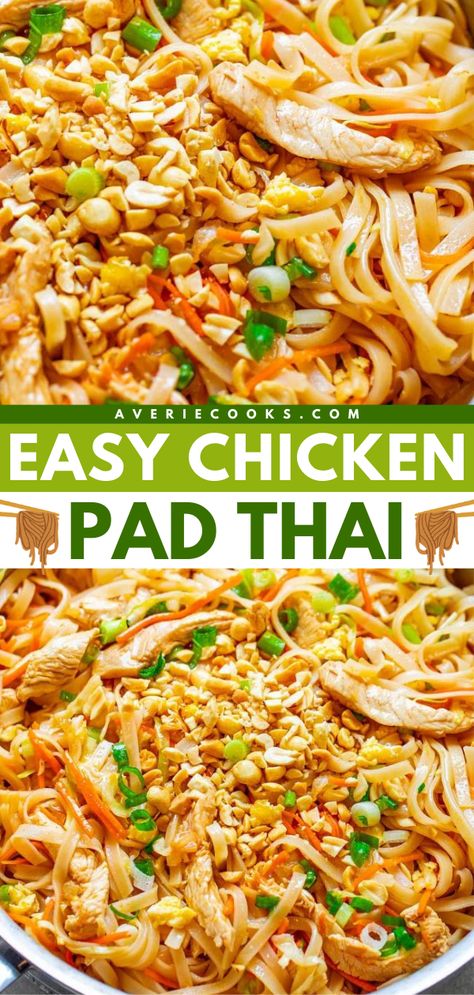 A gluten-free main dish! This easy chicken pad thai recipe is ready in just 20 minutes. With an authentic taste, this homemade pad thai is so much better than takeout. Plus, this chicken dinner idea feeds a crowd! Pad Thai Recipe Easy, Chicken Pad Thai Recipe, Homemade Pad Thai, Chicken Pad Thai, Pad Thai Noodles, Pad Thai Recipe, Better Than Takeout, Thai Noodles, Favorite Chicken