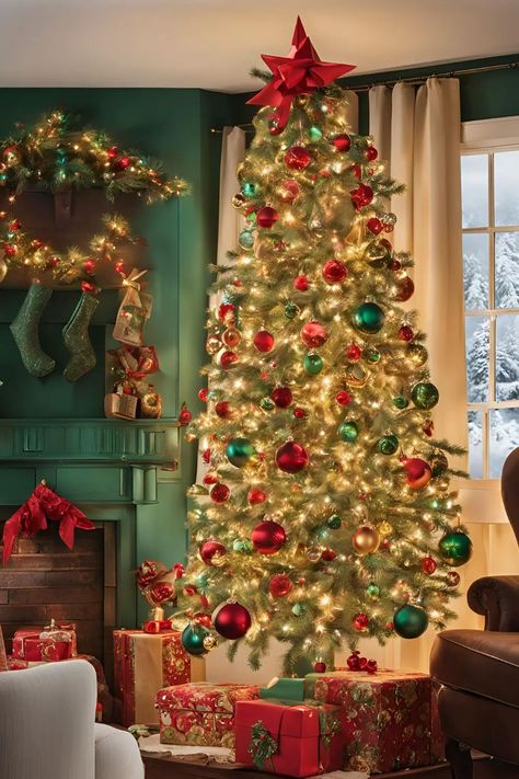 30 Vintage Christmas Decor Ideas That Bring the Past to Life - RectifyHome Red Green And Gold Christmas Decor, Red Green And Gold Christmas Tree, Vintage Christmas Tree Ideas, Red Green And Gold Christmas, Vintage Christmas Decor Ideas, Gold Baubles, Green And Gold Christmas, Classic Holiday Decor, Vintage Christmas Tree Decorations