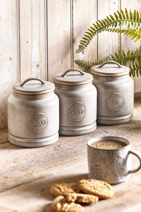 Tea Coffee Sugar Canisters, Country Cottage Kitchen, Coffee Jars, Sugar Canister, Sugar Jar, Jar Storage, Country Style Kitchen, Chic Interior, Badge Design