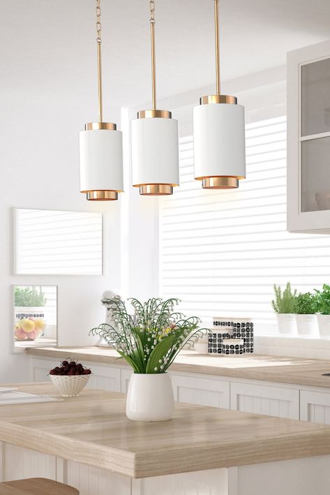 Modern kitchen pendants. White cylinders that house golden cylinders. Glass Kitchen Pendant Lights, Bright Kitchen Lighting, Modern Kitchen Pendants, Kitchen Island Pendant Lights, Modern Kitchen Pendant Lights, Glass Pendant Lighting Kitchen, Lights Over Kitchen Island, Cylinder Pendant Light, Lights Kitchen