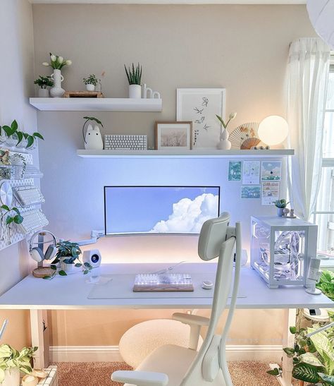 Games Room Inspiration, Cozy Desk, Gamer Room Decor, Cozy Home Office, White Desk, Office Room Decor, Room Redesign, Study Room Decor, Gaming Room Setup