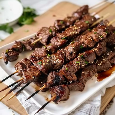 Teriyaki Beef Skewers Teriyaki Steak Skewers, Chinese Beef Teriyaki Skewers, Beef Skewer Recipes, Beef Skewers In Oven, Beef Skewers Grill Kabob Recipes, Teryaki Beef, Beef Skewers Marinade, Asian Skewers, Teriyaki Beef Skewers