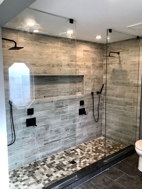 [CommissionsEarned] 32 Black Rainfall Shower Head Ideas You Will Love Immediately #blackrainfallshowerhead Large Shower Tile, Bathroom Concrete, New Bathroom Designs, Grey Bathroom Tiles, Master Bath Shower, White Bathroom Tiles, Double Shower, Master Shower, Grey Bathroom