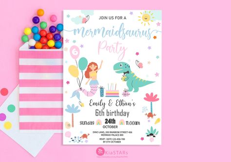 Birthday Party Rainbow, Double Birthday Parties, Sibling Birthday Parties, Dinosaur Invitation, Unicorn Invitation, Dinosaur Invitations, Magical Birthday, Dinosaur Birthday Invitations, Princess Invitations