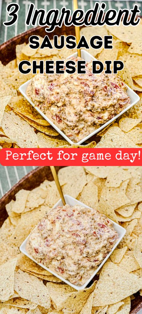 Looking for a quick dip that everyone will love? This creamy sausage cheese dip is the QUEEN of easy dip recipes! It doesn’t require many ingredients at all. Feed this tasty dip to your family, or take it to your next gathering! Either way, this dip is going to be your go-to dip for all future parties, family dinners, game day parties, or Super Bowl Sunday. 3 Ingredient Sausage Dip, Sausage Chip Dip, Sausage Dip With Cream Cheese And Rotel, Dips With Sausage, Ground Sausage Dip, Sausage Rotelle Dip, 3 Ingredient Dip Recipes, Rotel Dip With Sausage And Cream Cheese, Pork Sausage Dip