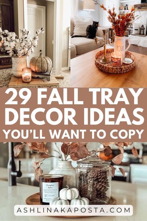 29 Fall Tray Decor Ideas That Will Make Your Home Instagram Worthy — ASHLINA KAPOSTA Fall Farmhouse Coffee Table Decor, Autumn Countertop Decor, Decorating A Buffet For Fall, Fall Decor For Kitchen Table, Round Coffee Table Fall Decor Ideas, Fall Ottoman Tray Decor, Fall Tray Decorating Ideas Coffee Table, Fall Shelf Decor Ideas Kitchen, Kitchen Counter Fall Decor Ideas