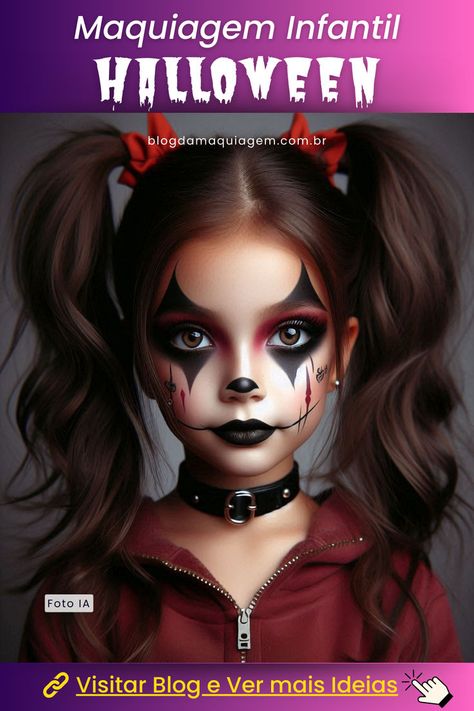 Explore ideias fantásticas de make Halloween infantil! Sugestões simples e criativas para complementar fantasias de vampiros, bruxas, zumbis e muito mais, garantindo que as crianças brilhem nas festas de Halloween! Halloween Make Up Kids Girl, Halloween Makeup For Kids Girls Make Up, Halloween Make Up Easy Simple For Kids, Cute Little Vampire Girl Makeup, Maquillaje Halloween Infantil, Halloween Ideias, Halloween Makeup For Kids, Halloween Infantil, Make Halloween