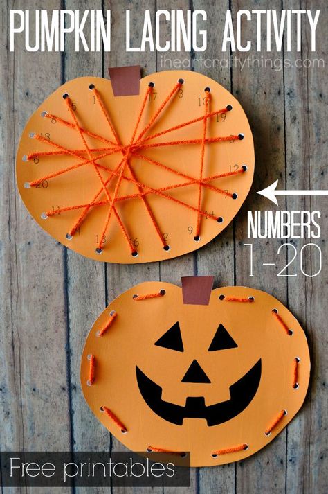 Preschool Pumpkin Lacing Activity. Printable for lacing numbers 1 to 20 or a blank version for traditional lacing around the pumpkin. Great preschool Halloween learning activity. Halloween Learning Activities, Preschool Pumpkin, Pumpkins Preschool, Halloween Crafts Preschool, Pumpkin Activities, Halloween Craft Projects, Halloween Preschool, Fall Preschool, Pumpkin Art