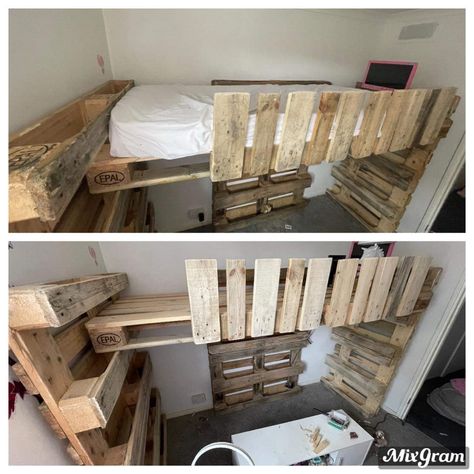 Bunk Beds Out Of Pallets, Under Bed Hideout, Pallet Bunk Beds Diy, Pallet Loft Bed Diy, Wood Pallet Bunk Beds Diy Projects, Pallet Loft Bed, Bed Made Out Of Pallets, Dog Bunk Beds Diy Pallet, Pallet Bunk Beds