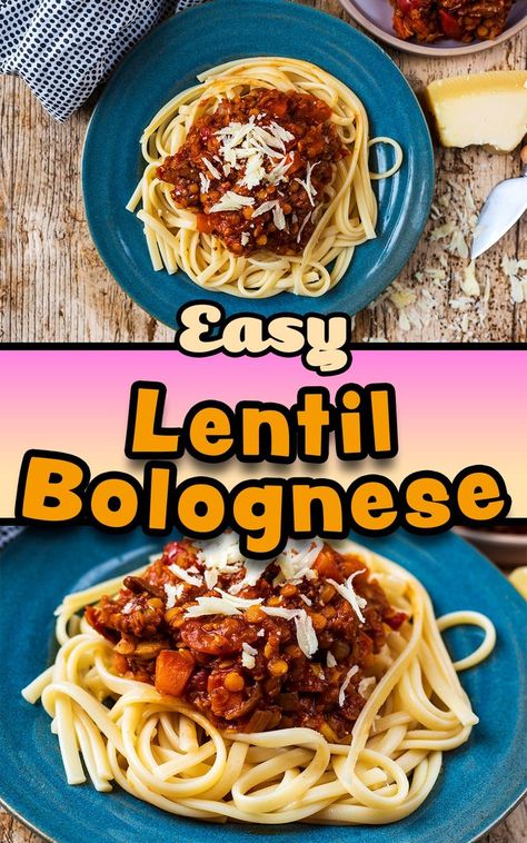 Two pictures of lentil bolognese with a text title overlay. Lentil Bolognese Vegan, Lentil Ragu, Lentil Bolognese, Vegan Bolognese, Store Cupboard, Bolognese Recipe, Red Lentils, Spaghetti Bolognese, Batch Cooking