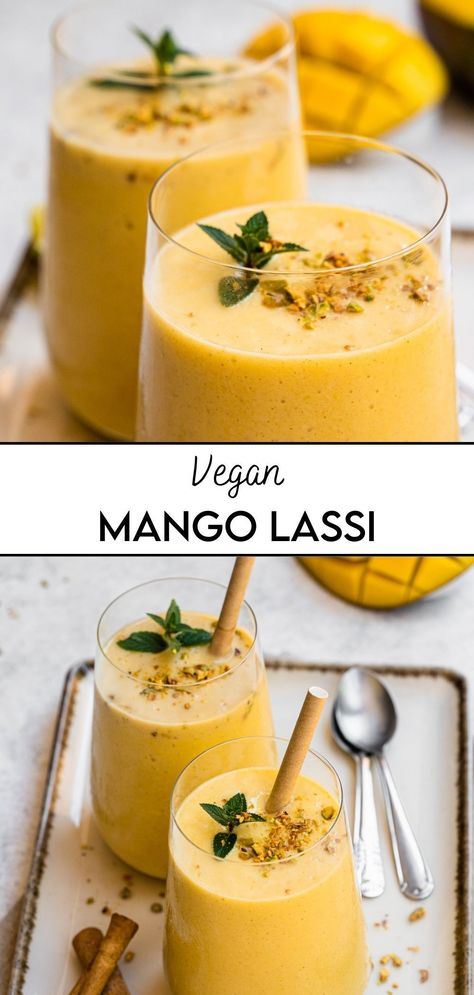 If you have eaten before at Indian restaurants, you've most probably seen this drink on the menu. Traditional Mango Lassi is made with dairy products. Our vegan version swaps the dairy yogurt for a plant-based alternative, making it a perfect choice for those following a vegan diet or anyone who is lactose intolerant. Vegan Mango Lassi, Vegan Indian Dessert, Vegetarian Drinks, Vegan Drinks Recipes, Snacks Vegan, Lassi Recipes, Yum Recipes, Mango Lassi, Cocktails Recipes