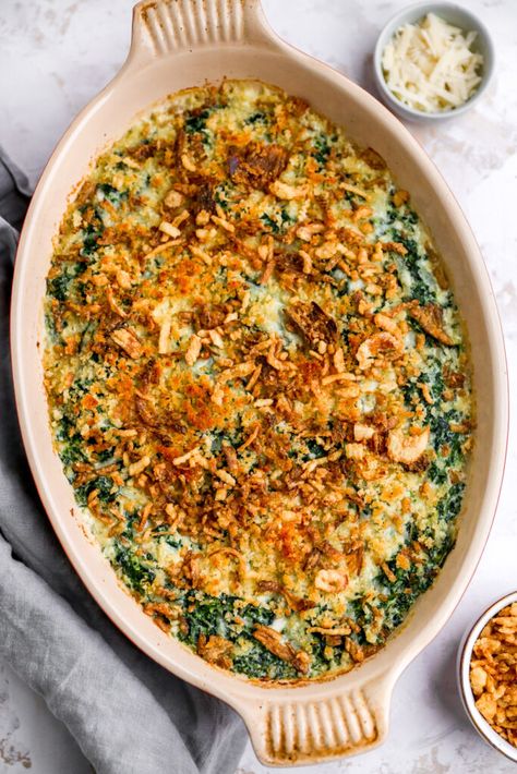 Creamed Spinach Gratin, Spinach Gratin, Creamed Spinach Recipe, Onion Casserole, Cooking Onions, Spinach Casserole, Crispy Onions, Creamy Spinach, Creamed Spinach