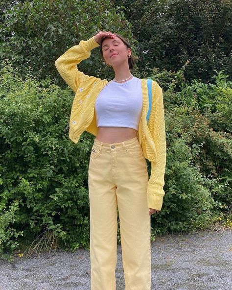 Minga London on Instagram: “How Lovely Yellow Is! 🌼🍋🌻 Rate this fit 1-10 🤩” Danish Pastel Outfits, Yellow Trousers Outfit, Cardigan Outfits Aesthetic, Yellow Jeans Outfit, Aesthetic Outfits Kawaii, Yellow Cardigan Outfits, Trousers Aesthetic, Gingham Cardigan, Cardigan Outfit Aesthetic