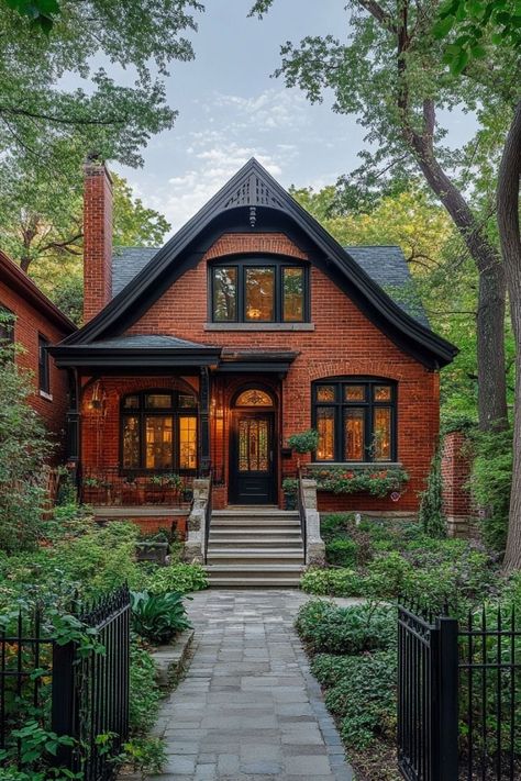 Dark Red Brick House Exterior, Maximalist Victorian, Townhouse Decor, Chicago Bungalow, Modern Eclectic Home, Hut House, Apartment Exterior, Cozy Homes, Bungalow Exterior