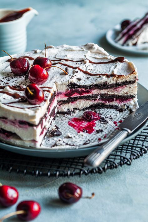 No Bake Black Forest Icebox Cake | Olive & Mango Black Forrest, Ice Box Cake, Icebox Cakes, Smores Dessert, Graham Cracker Cookies, Chocolate Wafer Cookies, Cherry Sauce, Desserts Keto, Brownie Desserts