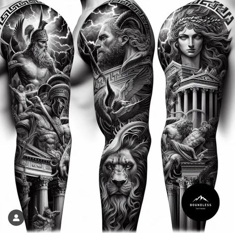 Greek Mythology Arm Sleeve Tattoo, Gods Tattoo For Men, Roman Empire Tattoo Sleeve, Mythology Tattoos Men, Zeus Sleeve Tattoo, Heracles Tattoo, Outside Arm Tattoo For Men, Greek Arm Tattoo, Greece Tattoo Mythology