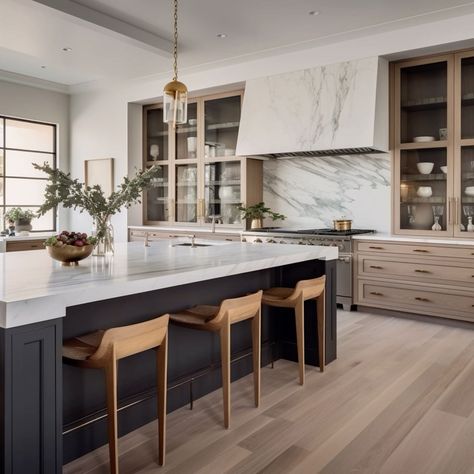 Mixed Upper And Lower Cabinets, Black Transitional Kitchen, Wood Kitchen With Black Island, Kb Homes Kitchen, Kitchen Island Transitional, Modern Kitchen Renovation Ideas, Organic Modern Transitional, Warm Kitchen Design, Kitchen Living Room Open Concept