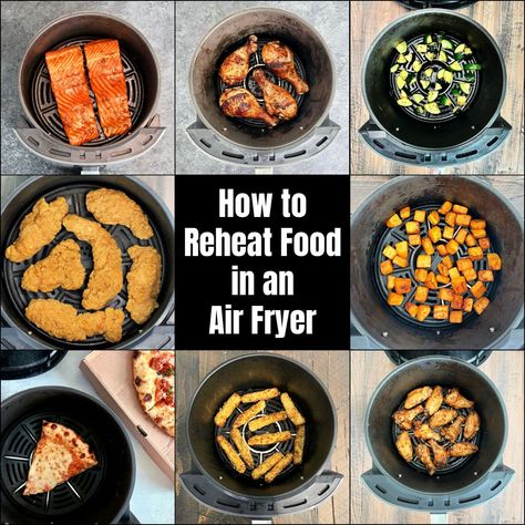 "How to Reheat Food in an Air Fryer" with collage of food in air fryer baskets. Reheating Food In Airfryer, Basket Air Fryer Recipes, Reheat Fried Chicken, Popcorn Shrimp, Air Fryer Cooking Times, Fried Chicken Wings, Zucchini Fries, Air Fryer Chicken, Leftovers Recipes