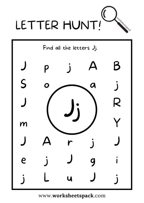 Find the Letter J Worksheet, Alphabet J Hunt Activity Free Printable for Kids - Printable and Online Worksheets Pack Letter Hunt Printable Free, Letter J Printable, J Worksheet, Letter I Crafts, Letter J Activities, Letter E Activities, Worksheet Alphabet, Small Alphabet Letters, Letter I Worksheet