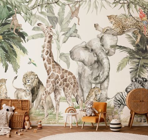 Safari Nursery Wallpaper, Jungle Wall Mural, Kindergarten Wallpaper, Wall Tree, Jungle Mural, Woodland Watercolor, Safari Wallpaper, Jungle Wall, Nursery Wall Murals