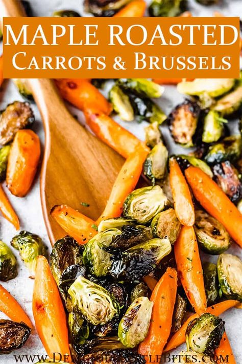 Sweet Roasted Vegetables, Brussel Sprouts Carrots Roasted, Easter Brussel Sprout Recipes, Roasted Carrots Brussel Sprouts, Maple Roasted Veggies, Carrot Medley Recipes, Carrots And Brussel Sprouts Recipe, Brussel Sprout Carrot Recipes, Roasted Brussels Sprouts And Carrots