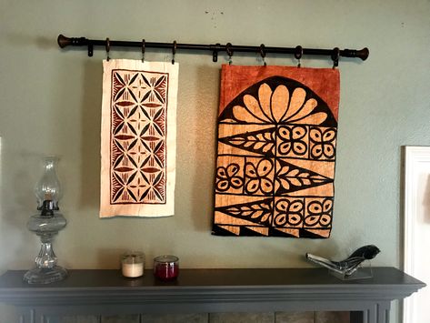 Tapa Cloth decor. Hanging from a curtain rod above the fireplace. Tapa Cloth Decor, Above The Fireplace, Tapa Cloth, Floating Acrylic Frame, Acrylic Frame, Home Economics, Decor Hanging, Acrylic Frames, The Fireplace