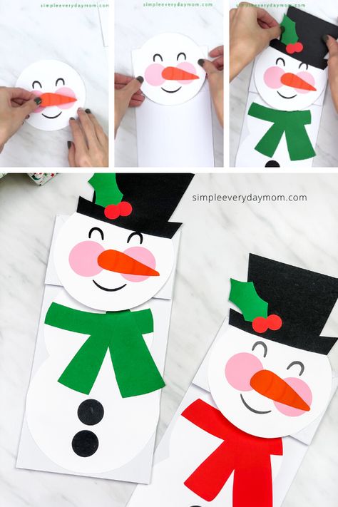 Looking for an easy snowman craft for kids to make this winter? This paper bag snowman is a fun DIY for preschool and kindergarten children to make at home or at school. Download the free template today!  #simpleeverydaymom #kidscrafts #paperbagcrafts #snowmancrafts #wintercrafts #preschool #kindergarten #craftsforkids Paper Bag Snowman, Paper Bag Crafts For Kids, Snowman Puppet, Bag Crafts For Kids, Easy Construction Paper Crafts, The Snowman Movie, Easy Winter Crafts For Kids, Snowman Craft For Kids, Construction Paper Crafts For Kids