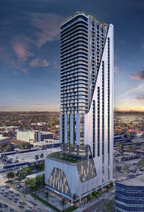 Bachow Ventures Proposes 47-Story Mixed-Use Tower At 11 North Andrews Avenue In Fort Lauderdale - Florida YIMBY Facade Architecture Design, Residential Building Design, High Building, Building Elevation, Mix Use Building, Skyscraper Architecture, Building Concept, Tower Design, Architecture Building Design