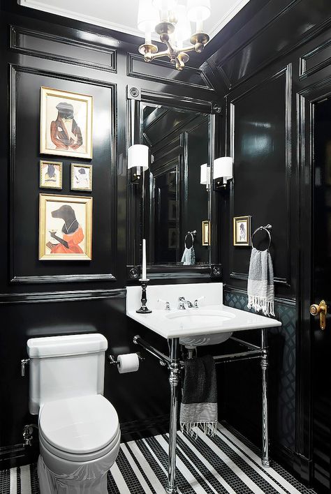 once again NOT my cup of tea...but I had to post.  I do LOVE dark walls in rooms, though @MyDomaine Drømme Bad, Black Powder Room, Gothic Bathroom, Black And White Bathroom, Bad Inspiration, Tiny Bathrooms, Dark Walls, Half Bathroom, Dark Interiors