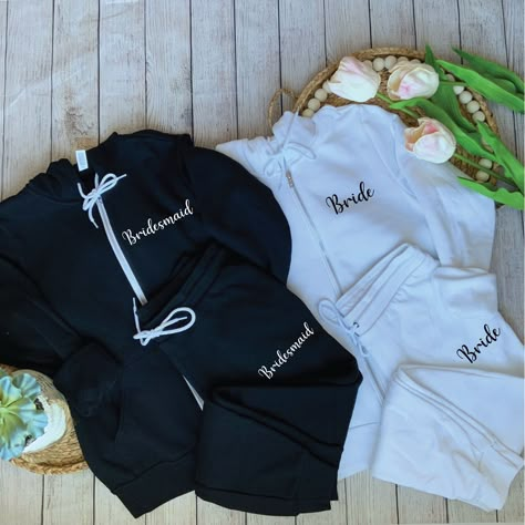 Matching Bride And Groom Outfits, Bride And Groom Pajamas, Matching Bride And Groom Wedding Outfits, Bride And Groom Sweats, Bridesmaid Outfits For Getting Ready, Getting Ready Outfits For Bridesmaids, Bride Sweats, Wedding Reception Outfit For Bride, Reception Outfit For Bride