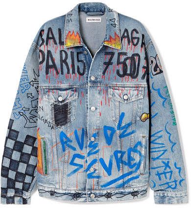 Balenciaga - Oversized Printed Denim Jacket - Blue Denim Jacket Diy, Angelus Paint, Diy Denim Jacket, Balenciaga T Shirt, Skater Outfits, Balenciaga Clothing, Diy Jeans, Jean Jacket Outfits, Denim Jacket Outfit