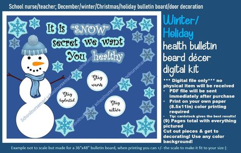 "Winter/snow/holiday bulletin board/door decor Digital Kit for classroom/nurses' office/school Upgrade your bulletin board or door with this super cute and easy to-do design for the winter/holiday season! Suitable for just about any grade/area and so adorable!! There are 10 snowflakes with \"advice\" to display! Digital file only no physical item will be delivered PDF file will be sent to you immediately Print on your own paper (8.5x11in) Tip: cardstock gives the best results! (12) Pages School Nurse Door Decoration, Nurse Door Decorations, Office Bulletin Board Ideas, Nurse Bulletin Board, School Nurse Office Decorations, Health Bulletin Boards, Office Bulletin Boards, Holiday Bulletin Boards, Teacher Decor