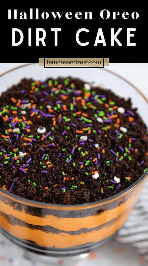 Dirt Pie Recipe Oreo Halloween, Halloween Dirt Trifle, Dirt Cake Healthy, Halloween Dirt Cake Trifle, Spooky Dirt Cake, Triffle Desserts Halloween, Halloween Carry In Food Ideas Easy, Dirt Cup Trifle, Dirt Pudding Halloween Graveyard