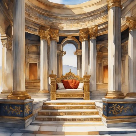 Roman Palace Fantasy Art, Ancient Greek Palace Interior, Roman Throne Room, Greek Throne Room, Ancient Roman Bedroom, Greek Temple Interior, Throne Room Fantasy Art, Greek Throne, Greek Mythology Decor