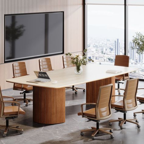 Inbox Zero Conference Table With Unique Travertine Slab Top And Semi-Circular Stripe Base - Wayfair Canada Standing Table Office, Office With Conference Table, Multipurpose Office Space, Office Building Decor, Conference Table Design Modern, Small Conference Room Design, Conference Room Design Ideas, Office Conference Room Design, Wooden Conference Table