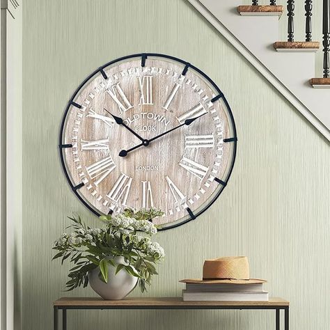 Amazon.com: EMAX HOME 24 Inch Large Farmhouse Wall Clock, Rustic Antique Wood with Metal Circle and Large Engraved Numerals, Silent Battery Operated Wall Clock for Office Kitchen Bedroom Living Room : Home & Kitchen Large Farmhouse, Farmhouse Wall Clock, Rustic Wall Clocks, Camp Furniture, Cat Bed Furniture, Metal Circle, Home Office Storage, Farmhouse Decor Living Room, Dog Furniture