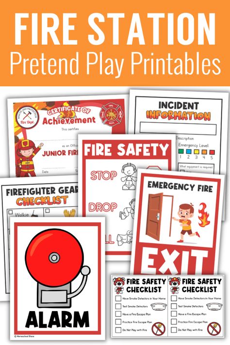 Fire Safety Dramatic Play Preschool, Fire Safety Dramatic Play, Fire Dramatic Play, Firefighter Dramatic Play Preschool, Fire Station Center Preschool, Community Helpers Dramatic Play, Fire Station Dramatic Play Preschool, Fire House Dramatic Play Center, Fire Safety Preschool Printables Free