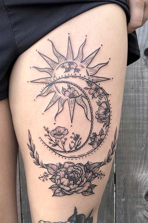 Simple But Unique Tattoos, Sun Moon Hip Tattoo, Triple Moon And Sun Tattoo, Smaller Thigh Tattoos, Unique Animal Tattoos For Women, Quirky Tattoo Ideas, Upper Abdomen Tattoo, Smaller Tattoo Ideas, Woman Leg Sleeve