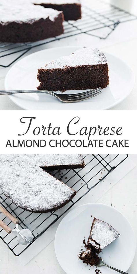 Torta Caprese Recipe (Chocolate Almond Flourless Cake)- an amazing Italian cake loaded with chocolate and almonds for an unbelievably rich decadent dessert. Torta Caprese Recipe, Chocolate Almond Cookies, Flourless Cake Recipes, Caprese Recipe, Chocolate Almond Cake, Almond Flour Cakes, Caprese Recipes, Easy Chocolate Desserts, Flourless Cake